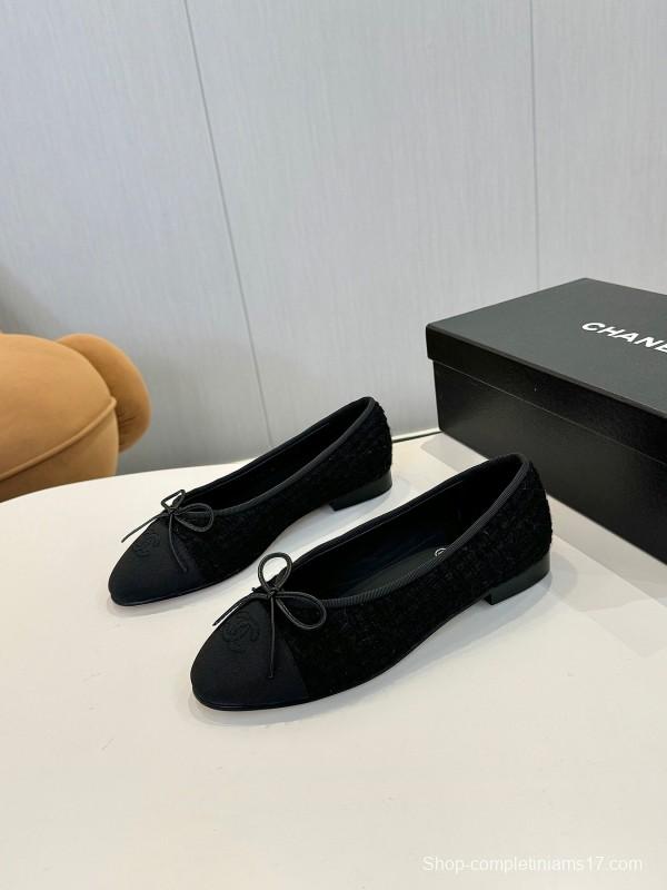 2025 Women Chanel Black Lambskin Tweed Ballet Flats LY00250