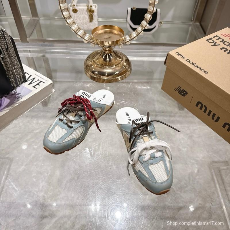 2025 Women Miu Miu Blue White Beige Leather Mesh Sneakers