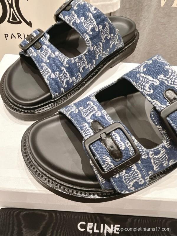 2025/Unisex CELINE Blue Denim Buckled Slide Sandals Stylish Comfort KFY00280