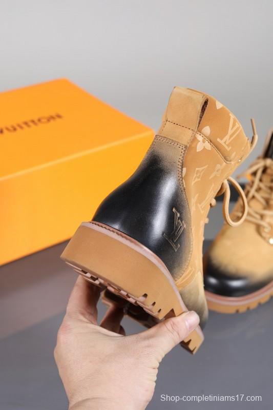 2024 Men Louis Vuitton Beige Black Leather Canvas Boots MJ00470