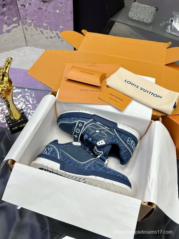 2024 Men Louis Vuitton Blue Denim Calfskin Silk Plimsolls Washed MJ00410