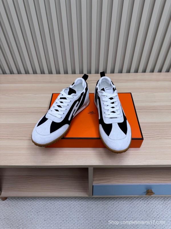 2025 Unisex Hermès White Black Suede Down Fabric Sneakers Top Version LY00310