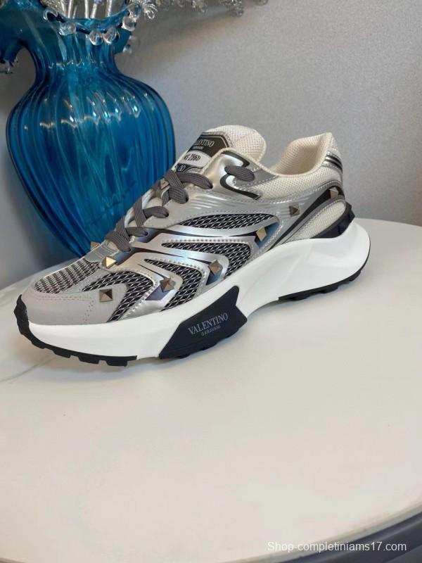 2024 Unisex Valentino White Black Grey Mesh Leather Sneakers MJ00410