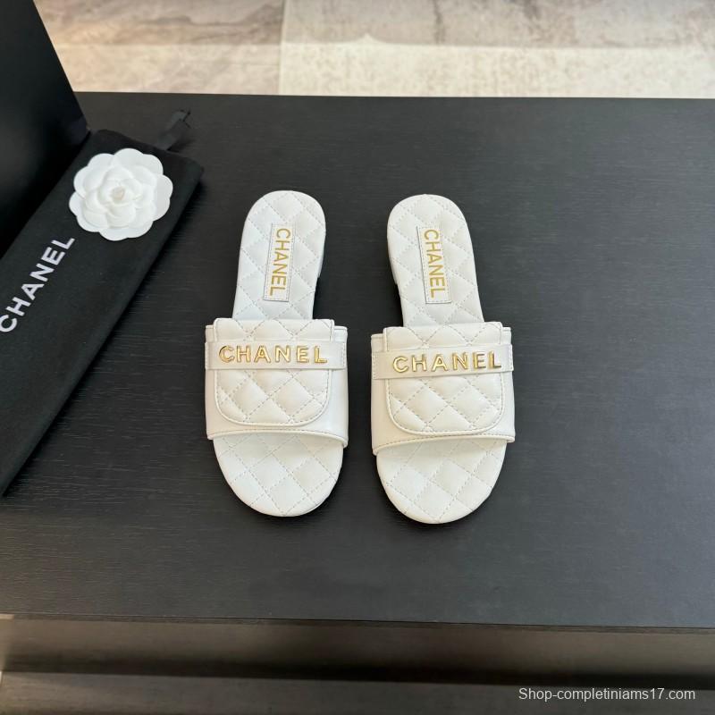 2025 Women Chanel White Leather Slippers