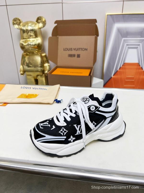2025 Unisex Louis Vuitton Black White Fabric Leather Sneakers LY00340(F)/LY00341(M)