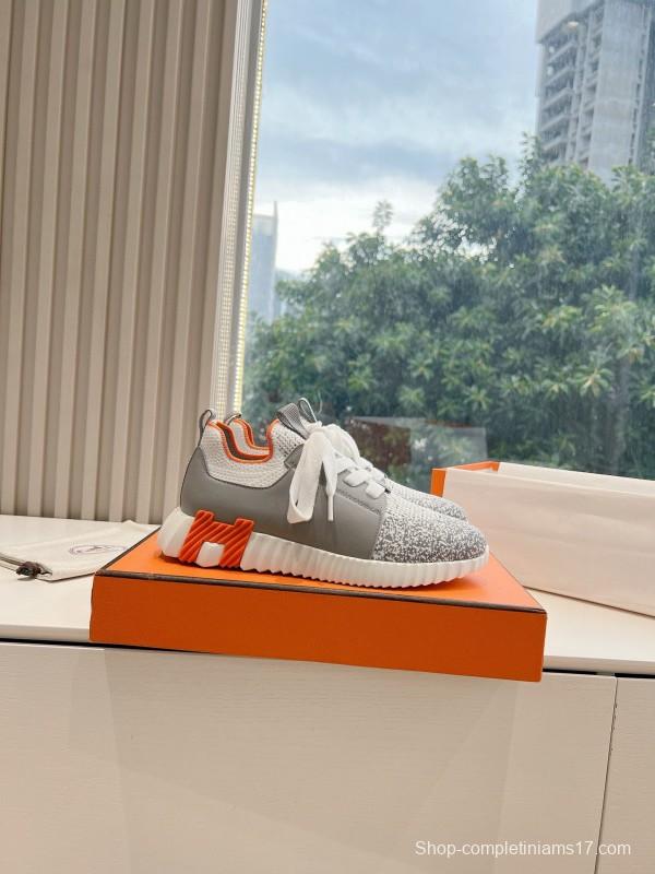 2024 Unisex Hermès Gray White Orange Calfskin Suede Sneakers MJ00290