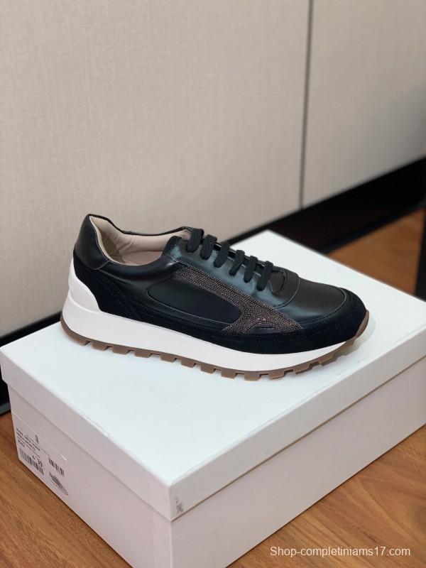 2025 Unisex Brunello Cucinelli Black Brown Leather Suede Sneakers LY
