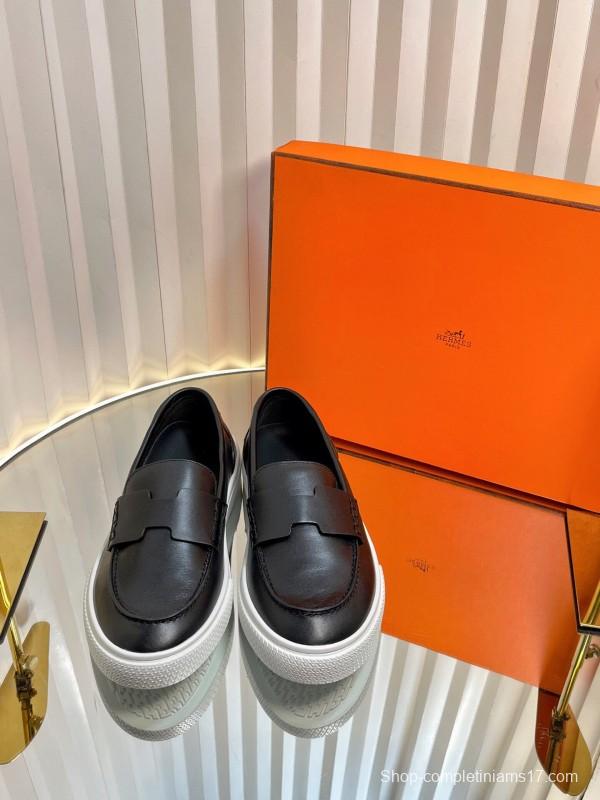 2025 Unisex Hermès Black Leather Fabric Loafers Slip-On LY00310(F)/LY00320(M)