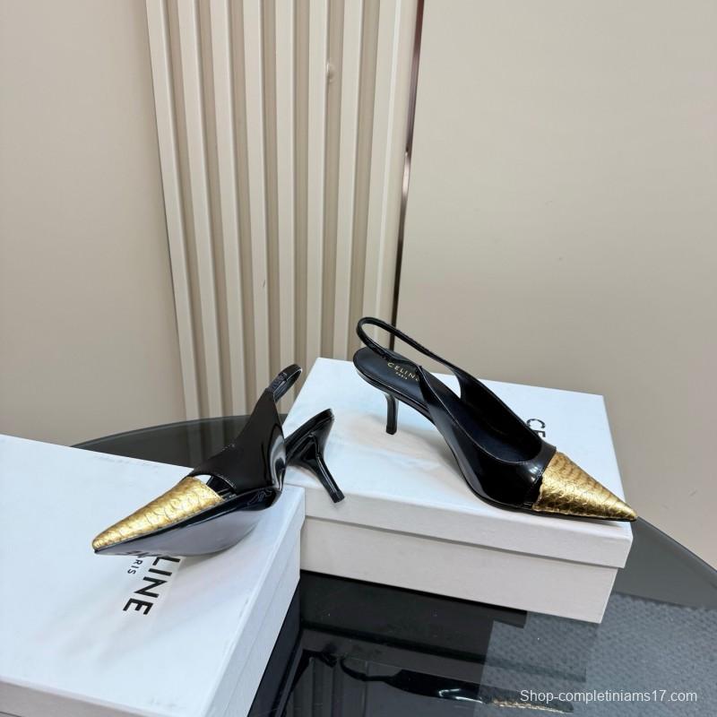 2025 Women CELINE Black Gold Leather Slingback Heels
