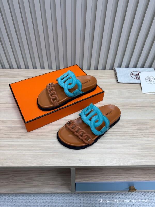 2025 Slippers Hermès Blue Brown Leather Slippers