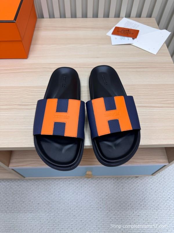 2025 Slippers Hermès Orange Navy Leather Slippers