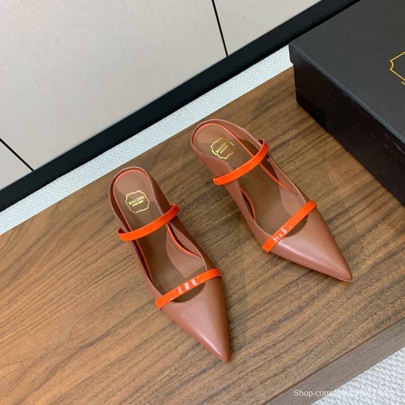 2025 Women Malone Souliers Brown Orange Leather Patent Leather Mid Heel Pumps