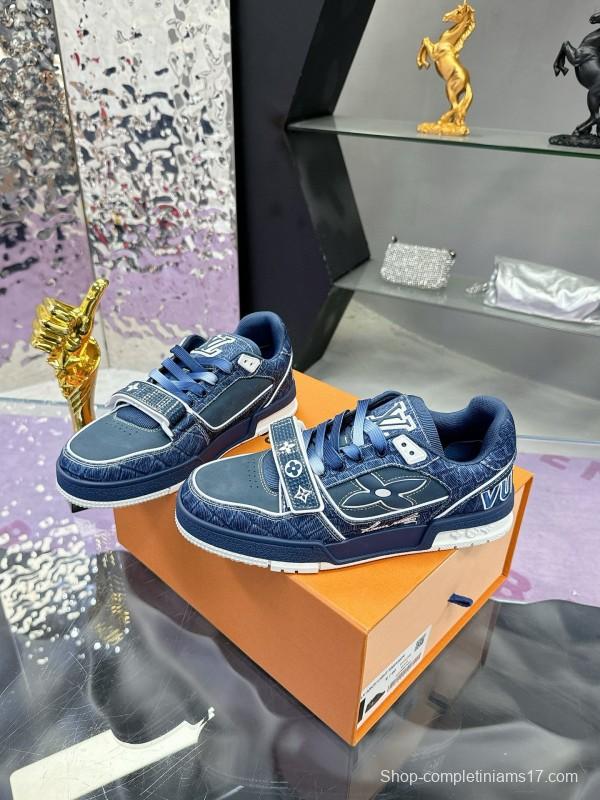 2024 Men Louis Vuitton Blue Denim Calfskin Silk Plimsolls Washed MJ00410