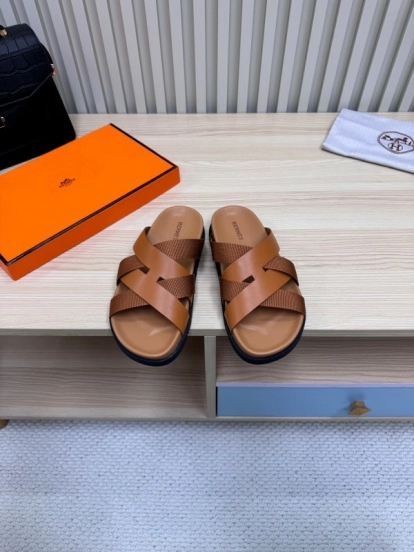 2025 Men Hermès Brown Leather Slippers
