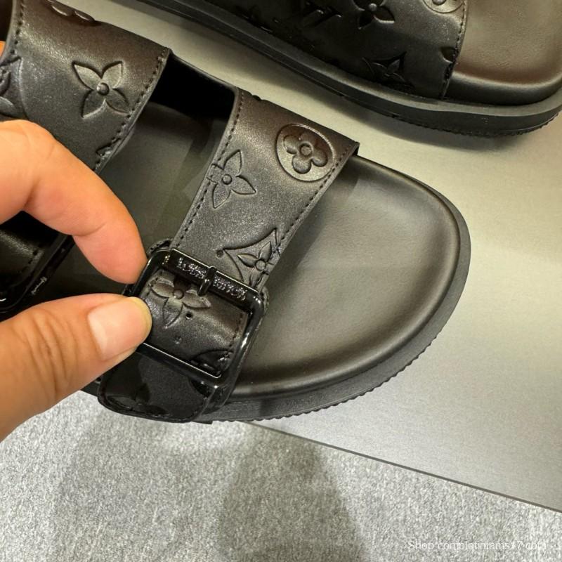 2024 Slippers Louis Vuitton Black Leather Slippers
