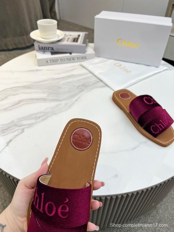2025 Women Chloé Purple Velvet Slippers LY00200