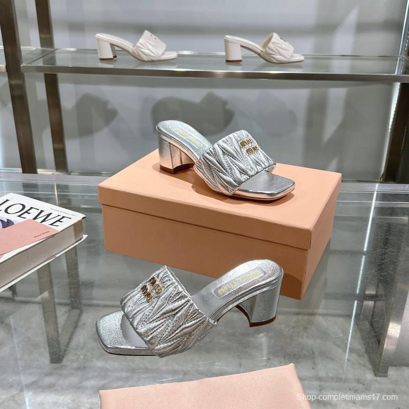 2025 Women Miu Miu Silver Leather High Heel Sandals
