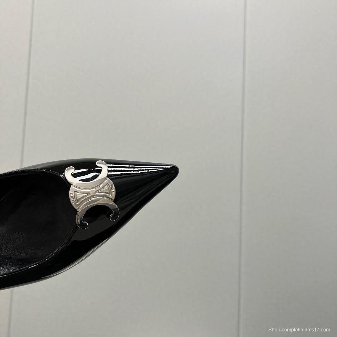 2025 Women Celine Black Patent Leather Pointed Toe Buckle Pumps KFY00290