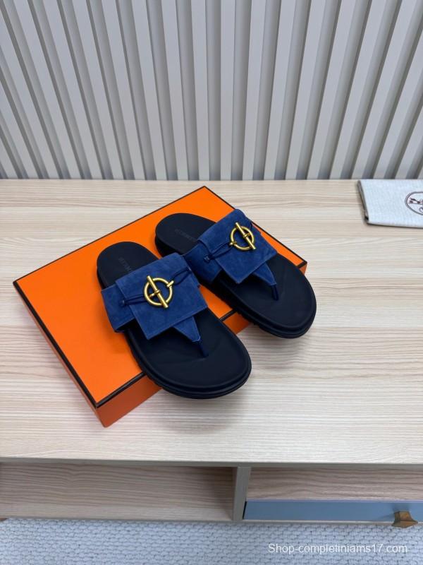 2025 Slippers Hermès Blue Leather Slippers