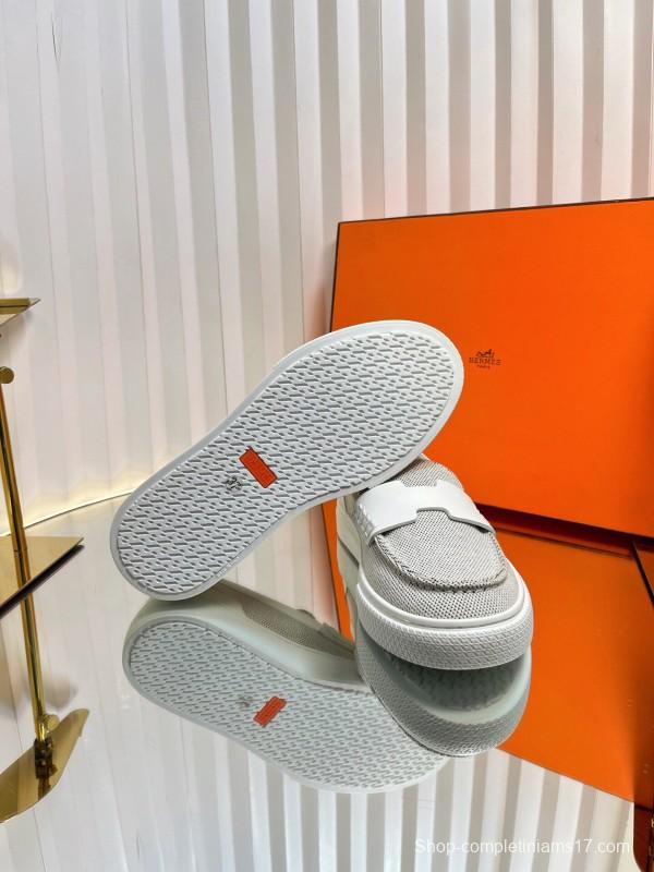 2025 Women Hermès White Mesh Leather Casual Loafers LY00310