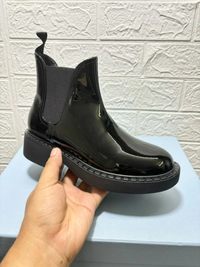 2024 Unisex Prada Black Patent Calf Leather Cowhide Leather Ankle Boots MJ00380