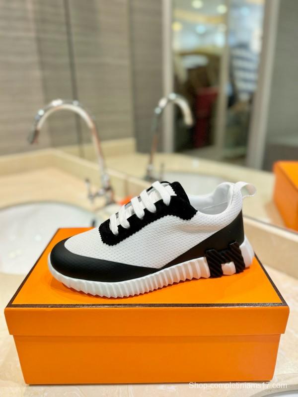 2024 Unisex Hermès Black White Silk Leather Mesh Sneakers MJ00320