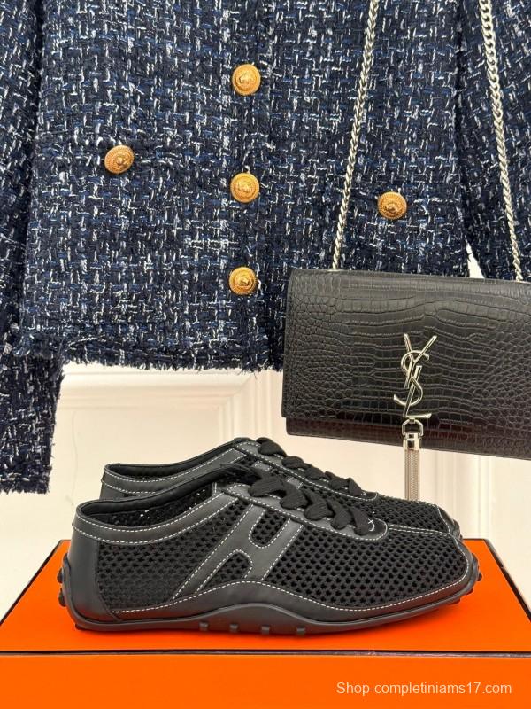 2025 Women Hermès Black Mesh Leather Sneakers