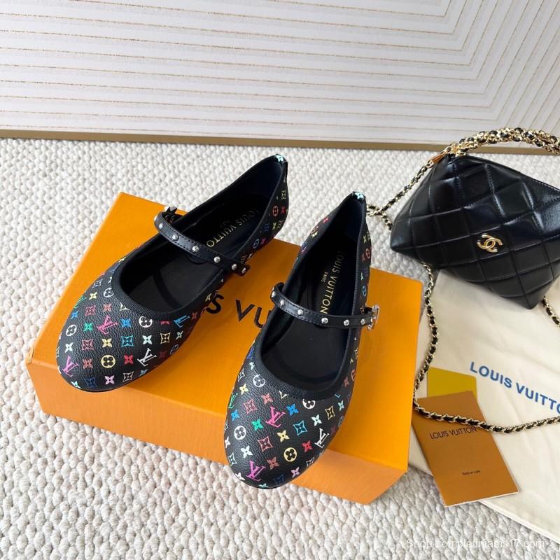 2025 Women Louis Vuitton Black Multicolor Leather Ballet Flats KFY00300