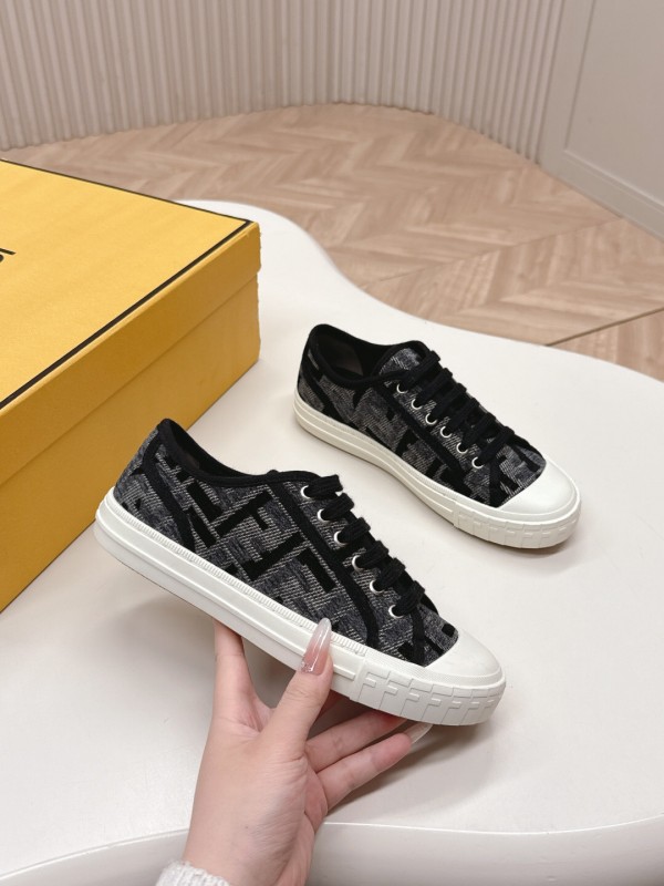 2025 Women Fendi Black Grey Fabric Leather Sneakers