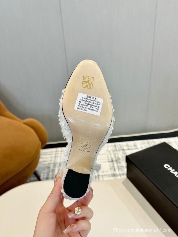 2025 Women Chanel White Black Leather Tweed Slingback Block Heel LY00270