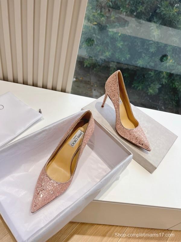 2025 Women Jimmy Choo Pink Glitter Leather Pointed Toe Pumps KFY00280