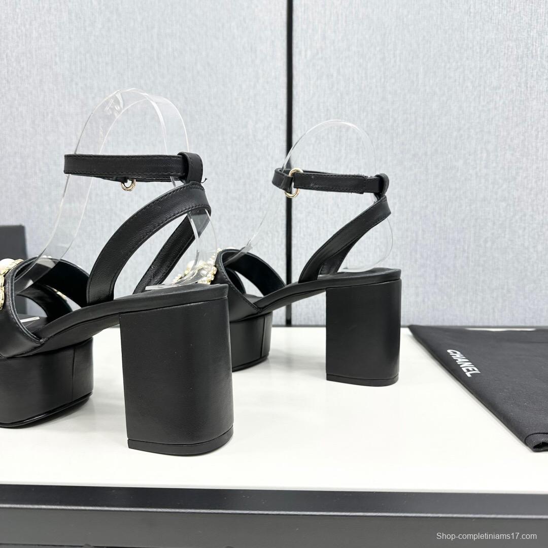 2025 Women Chanel Black Leather Platform Sandals CC Logo KFY00310