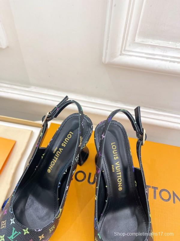 2025 Women Louis Vuitton Black Multicolor Leather Slingback Heels KFY00280