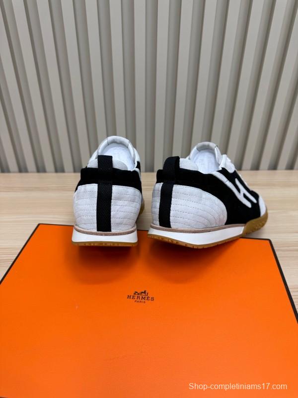 2025 Unisex Hermès White Black Suede Goat Leather Sneakers Top Version LY00310
