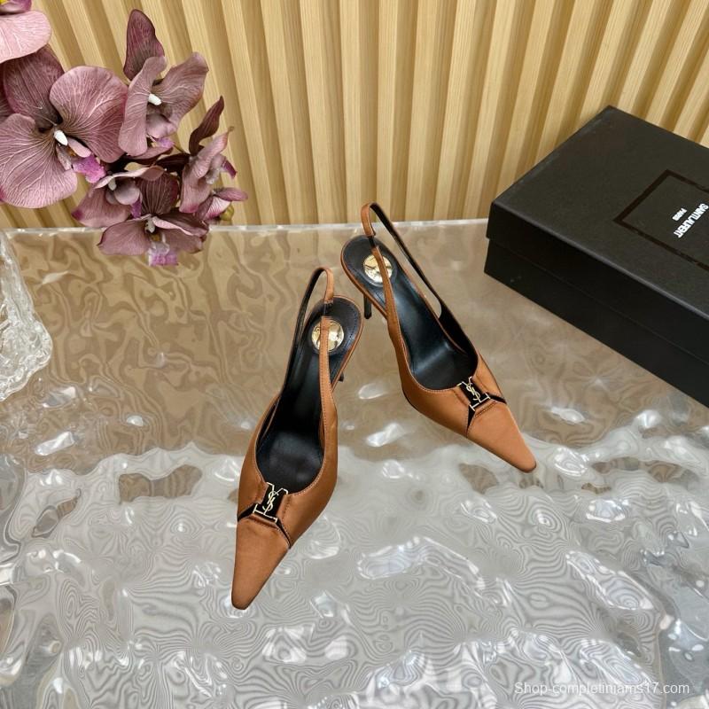 2025 Women Yves Saint Laurent Brown Leather Slingback Pumps MJ00300