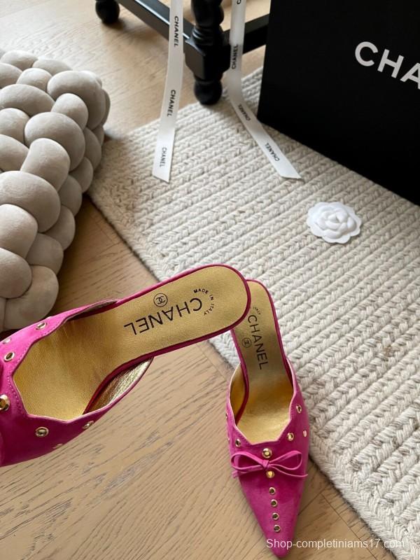 2025 Women Chanel Pink Suede Slip-on Mules KFY00290