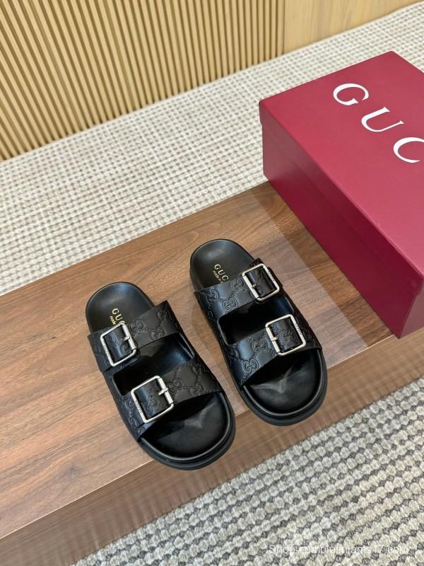 2025 Women Gucci Black Leather Sandals Buckle LY00230