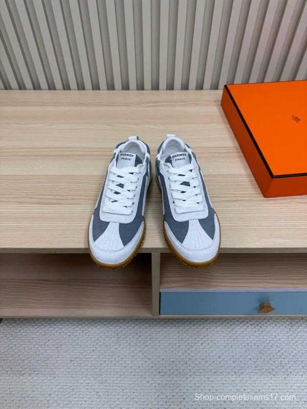 2025 Unisex Hermès White Grey Suede Down Fabric Sneakers Top Version LY00310
