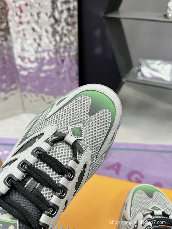 2025 Men Louis Vuitton Green Grey Mesh Leather Sneakers MJ00420