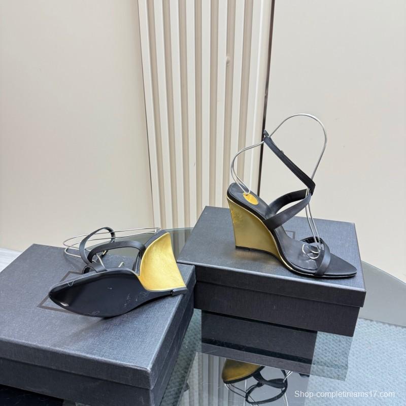 2025 Women Yves Saint Laurent Black And Gold Wedge Sandals Premium Leather Elegant Design LY00360(F)