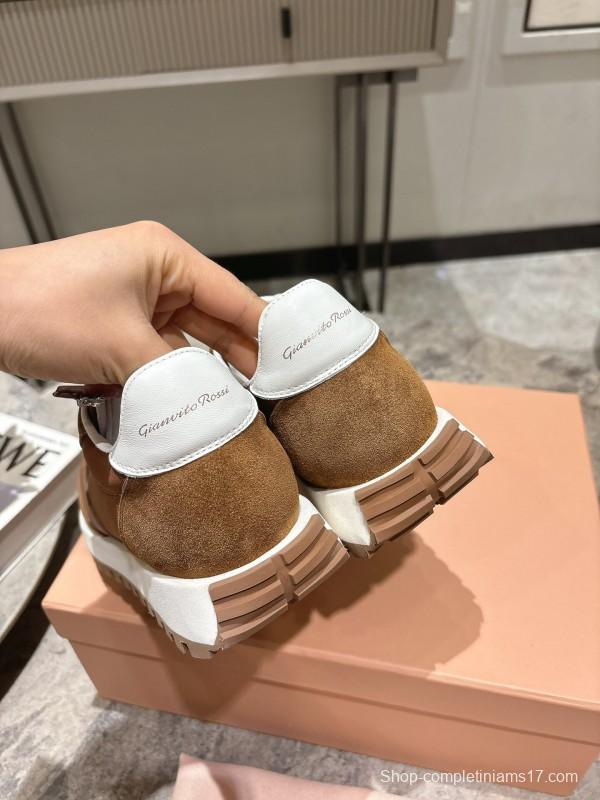 2025 Unisex Gianvito Rossi Brown White Leather Suede Mesh Sneakers KFY00340