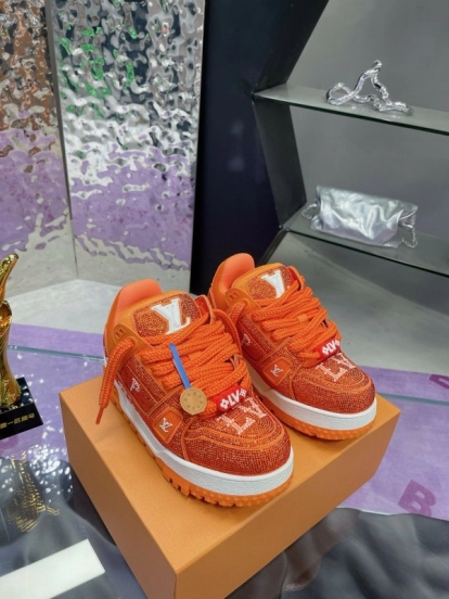 2024 Kids Louis Vuitton Orange Leather LV Trainer