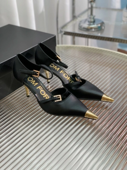 2025 Women TOM FORD Black Gold Leather Heels Metal Toe KFY00320