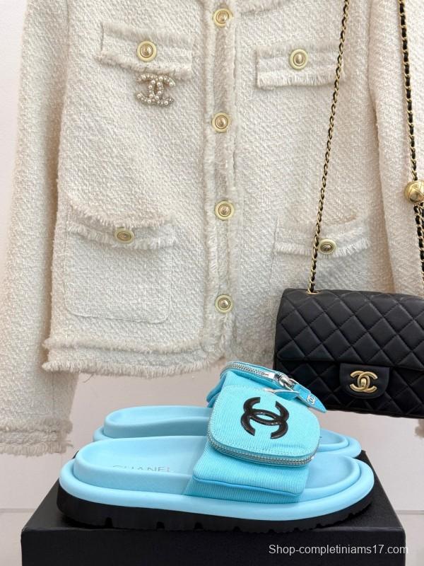 2025 Slippers Chanel Blue Fabric Slippers KFY00220