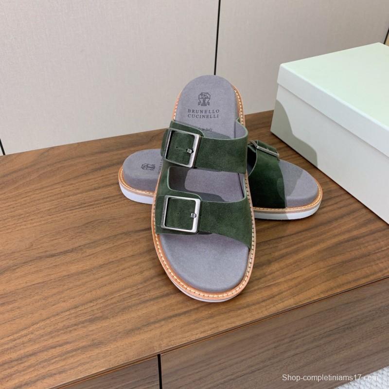 2025 Unisex Brunello Cucinelli Green Suede Leather Slippers KFY00250