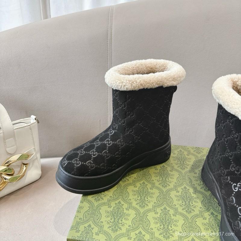 2024 Women Gucci Black Suede Wool Snow Boots MJ00350