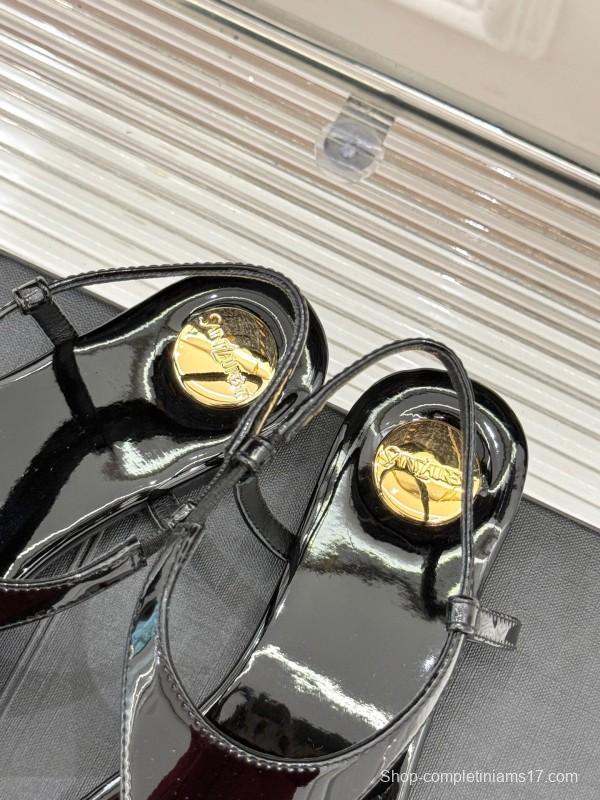 2025 Women Yves Saint Laurent Black Patent Leather Thong Sandals