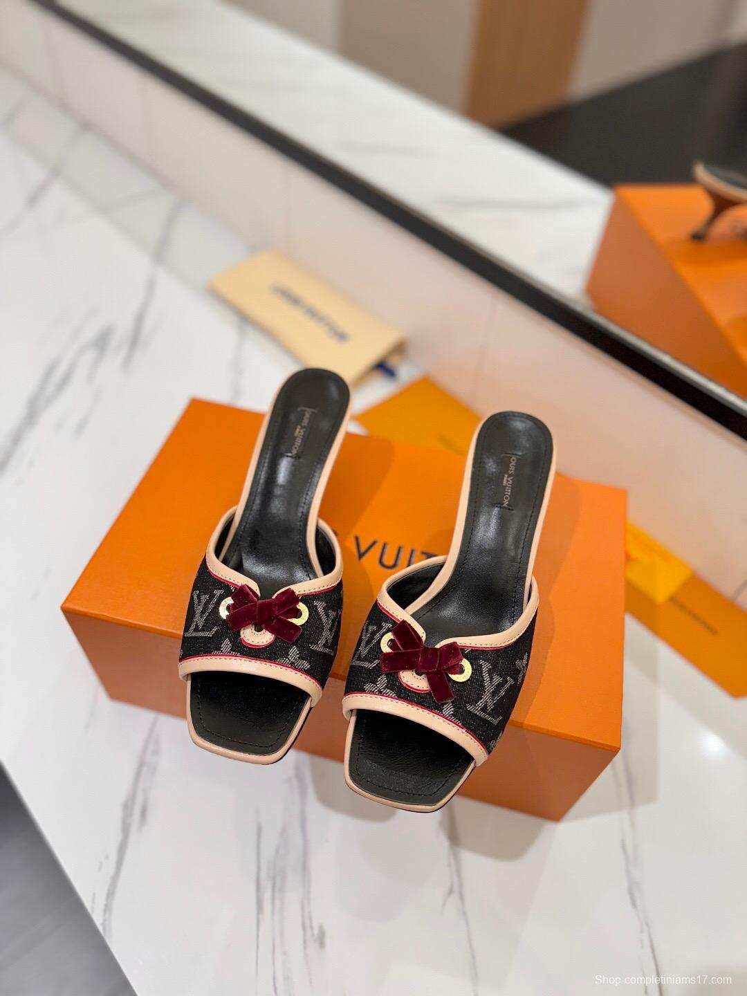 2025 Women Louis Vuitton Black Beige Canvas Kitten Heel Bow KFY00310