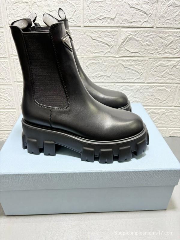 2024 Women Prada Black Leather Chelsea Boots MJ00380