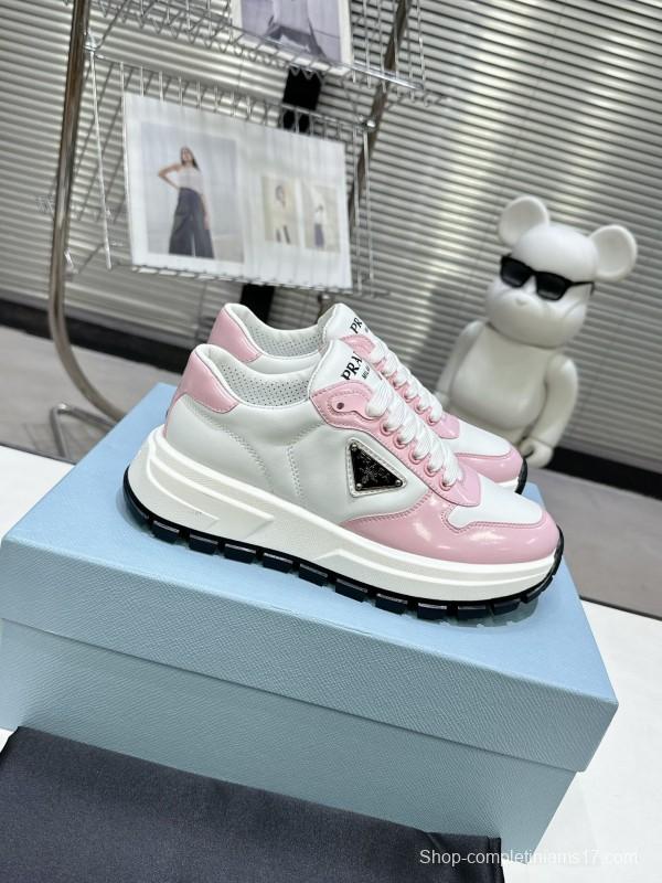 2025 Women Prada White Pink Leather Sneakers